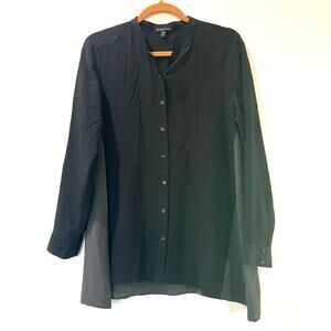 Eileen Fisher Black Grey 100% silk button up oversized tunic blouse XS